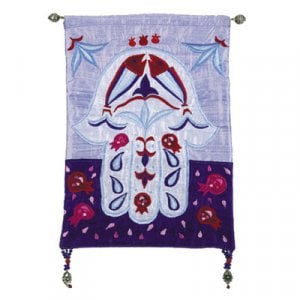 Yair Emanuel Appliqued Silk Wall Hamsa, Blessing Symbols – Blues and Reds
