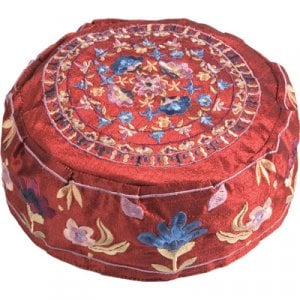 Yair Emanuel Embroidered Bucharian Hat-Kippah, Maroon - Colorful Flowers