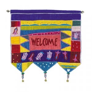 Yair Emanuel Silk Applique Welcome Colorful Wall Hanging, Flowers - English
