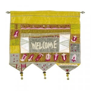 Yair Emanuel Silk Applique Welcome Gold Wall Hanging, Flowers - English