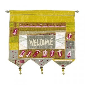 Yair Emanuel Appliqued Silk Banner Wall Hanging with Flowers, Gold – Welcome