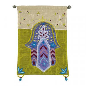 Yair Emanuel Appliqued Silk Wall Banner, Green Gold - Hamsa Flowers and Leaves