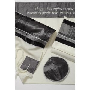 Gray-Black Stripe Wool Tallit Set by Galilee Silks