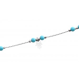 Anklet, Rhodium Silver Chain with Blue Beads and Hamsa