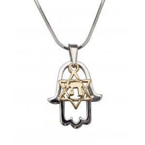 Rhodium Pendant Necklace - Hamsa with Gold Star of David and Chai