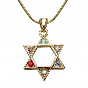 Rhodium Pendant Necklace, Gold Star of David with Colored Stones