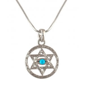 aJudaica Rhodium Star of David Necklace - Blue Stone