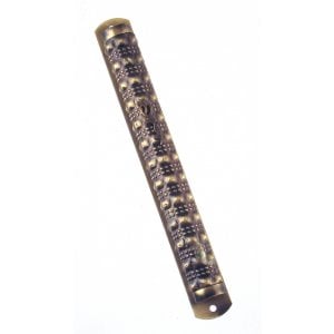 Scroll shaped Pewter Mezuzah Case with Gold Colored Striped Design