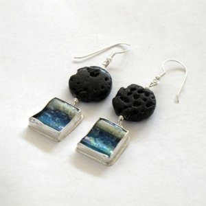 Michal Kirat Roman Glass Drop Earrings with Black Lava stones