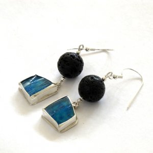 Michal Kirat Roman Glass and Sterling Silver Dangle Earrings with Lava Beads