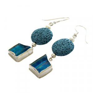 Michal Kirat Roman Glass and Silver Dangle Earrings with Light Blue Lava Beads