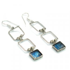 Michal Kirat Roman Glass Dangle Earrings with Sterling Silver Decorative Squares
