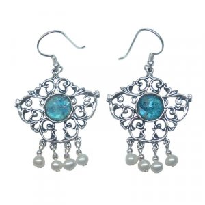 Michal Kirat Roman Glass Earrings in Ethnic Silver Design with Freshwater Pearls