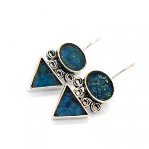 Michal Kirat Roman Glass Silver Drop Earrings - Decorative Circle and Triangle