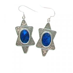 Michal Kirat Hammered Silver Star of David Drop Earrings with Oval Roman Glass