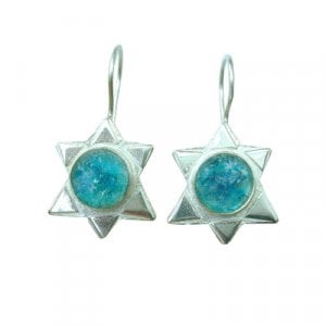 Michal Kirat Sterling Silver Star of David Drop Earrings with Roman Glass Center