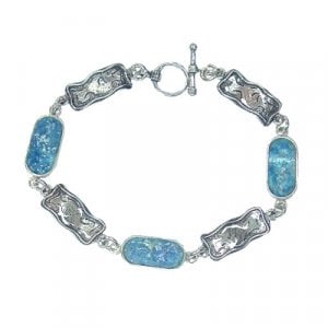 Michal Kirat Bracelet with Roman Glass Curved Oblongs and Engraved Silver Links
