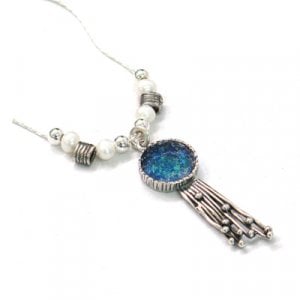 Michal Kirat Freshwater Pearls Silver Necklace - Roman Glass and Waterfall Pendant