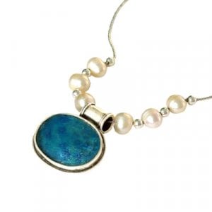 Michal Kirat Roman Glass Silver Necklace with Oval Pendant - Freshwater Pearls