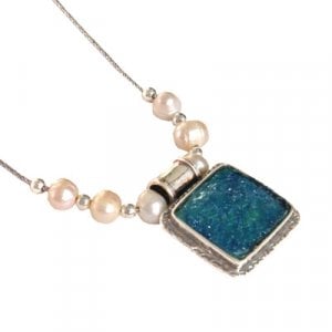 Michal Kirat Freshwater Pearls Silver Necklace with Square Roman Glass Pendant