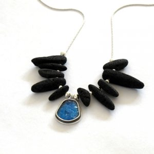 Michal Kirat Black Lava Beads Silver Necklace - Roman Glass Shield Pendant