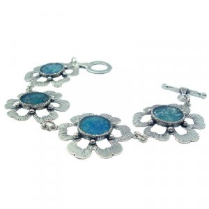 Michal Kirat Bracelet with Roman Glass Set in Hammered Sterling Silver Flowers
