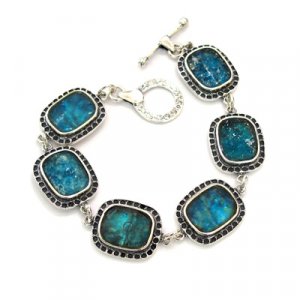 Michal Kirat, Sterling Silver Bracelet with Roman Glass Links in Decorative Frame
