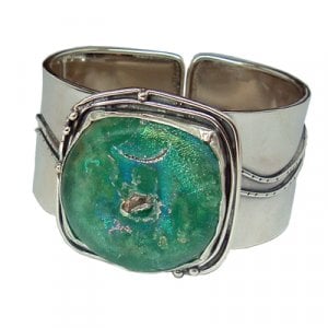Michal Kirat Roman Glass Wide Cuff Bracelet - Decorative Sterling Silver Band