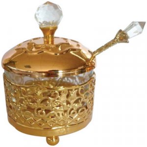 Gold Metal and Glass Rosh Hashanah Honey Dish with Cover and Spoon - Filigree
