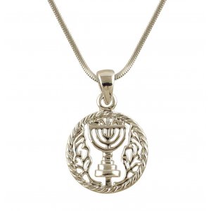 Rhodium Silver Pendant Necklace, Seven Branch Menorah - Silver
