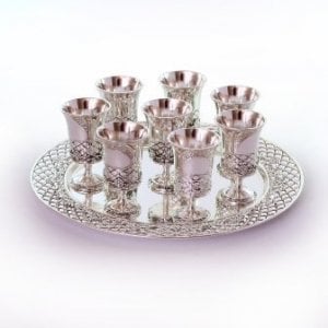 Eight Decorative Small Kiddush Cups with Matching Circular Tray - Silver Plate