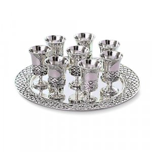 Six Decorative Small Kiddush Cups with Matching Circular Tray - Silver Plate