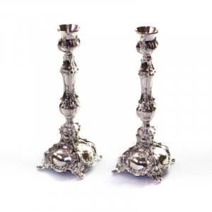 Decorative Silver Plated Candlesticks with Carved Floral Design