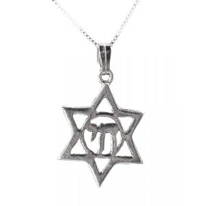 Sterling Silver Star of David Pendant in Chai circle