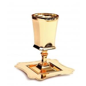Gold Kiddush Cup on Stem, Smooth Finish - Square Design