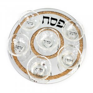Crystal Glass Passover Seder Plate with Decorative Gold Border and Six Bowls