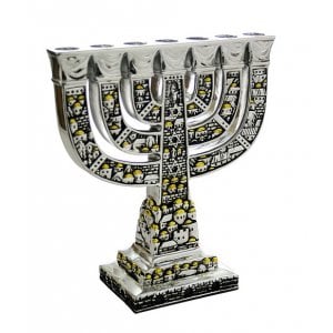 Seven Branch Menorah, Two Tone Silver and Gold - Decorative Jerusalem Design