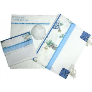 Ronit Gur Tallit Set, Off White with Blue and Green Floral Design - Viscose