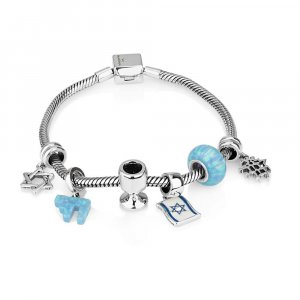 Silver Judaica Charm Bracelet with 6 Charms in Blue