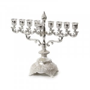 Silver Plated Chanukah Menorah with Filigree Base and Flame Stem