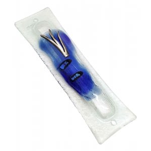 Opaque Glass Mezuzah Case Decorative Elements Pewter Shin - Blue