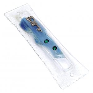 Glass Mezuzah Case with Blue and Green Abstract Design
