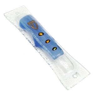 Opaque Glass Mezuzah Case with Decorative Stones and Pewter Shin - Blue