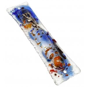 Opaque Glass Mezuzah Case Pewter Shin Daled Yud - Blue Abstract Design