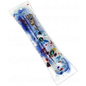 Opaque Glass Mezuzah Case with Pewter Shin Daled Yud - Blue Abstract Design