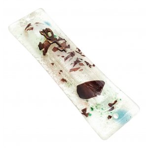 Opaque Glass Mezuzah Case with Pewter Shin Daled Yud - Brown Abstract Design