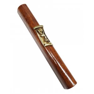 Dark Brown Wood Mezuzah Case with Silver Pewter Scroll Plaque and Divine Name