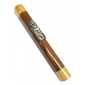 Two Tone Brown Wood Mezuzah Case, Silver Pewter Western Wall & Divine Name