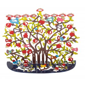 Yair Emanuel Hand Painted Colorful Hanukkah Menorah - Pomegranates