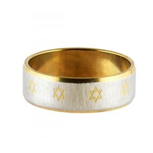 Stainless Steel Two Tone Ring with Small Gold Stars of David and Gold Rims